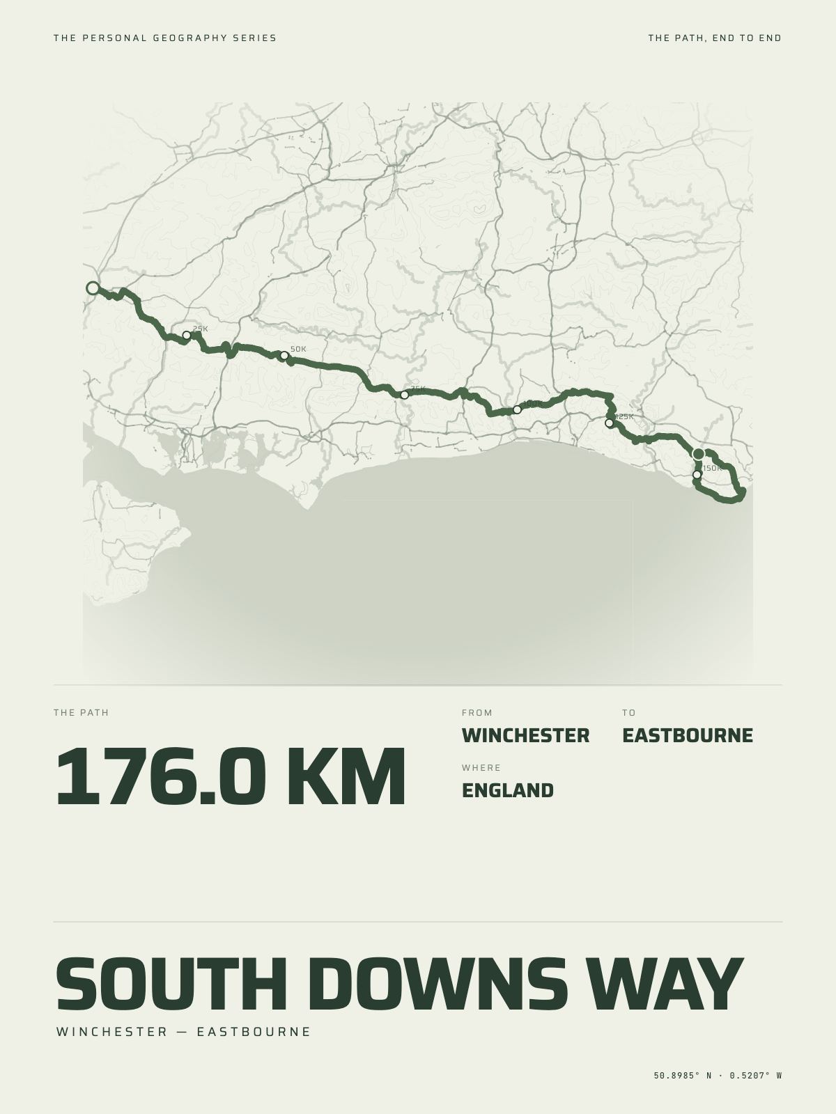 The South Downs Way printed end to end across England, winchester to eastbourne, on the map it crosses