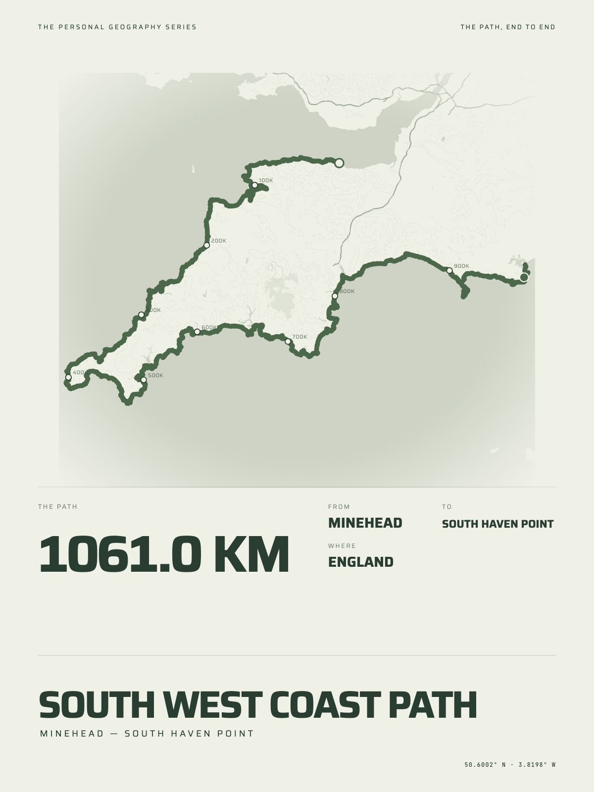 The South West Coast Path printed end to end across England, minehead to south haven point, on the map it crosses