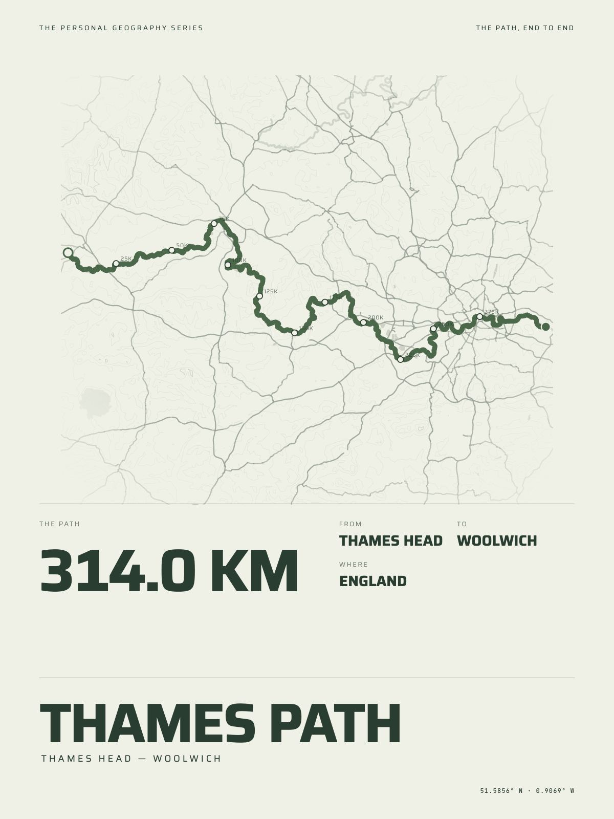 The Thames Path printed end to end across England, thames head to woolwich, on the map it crosses