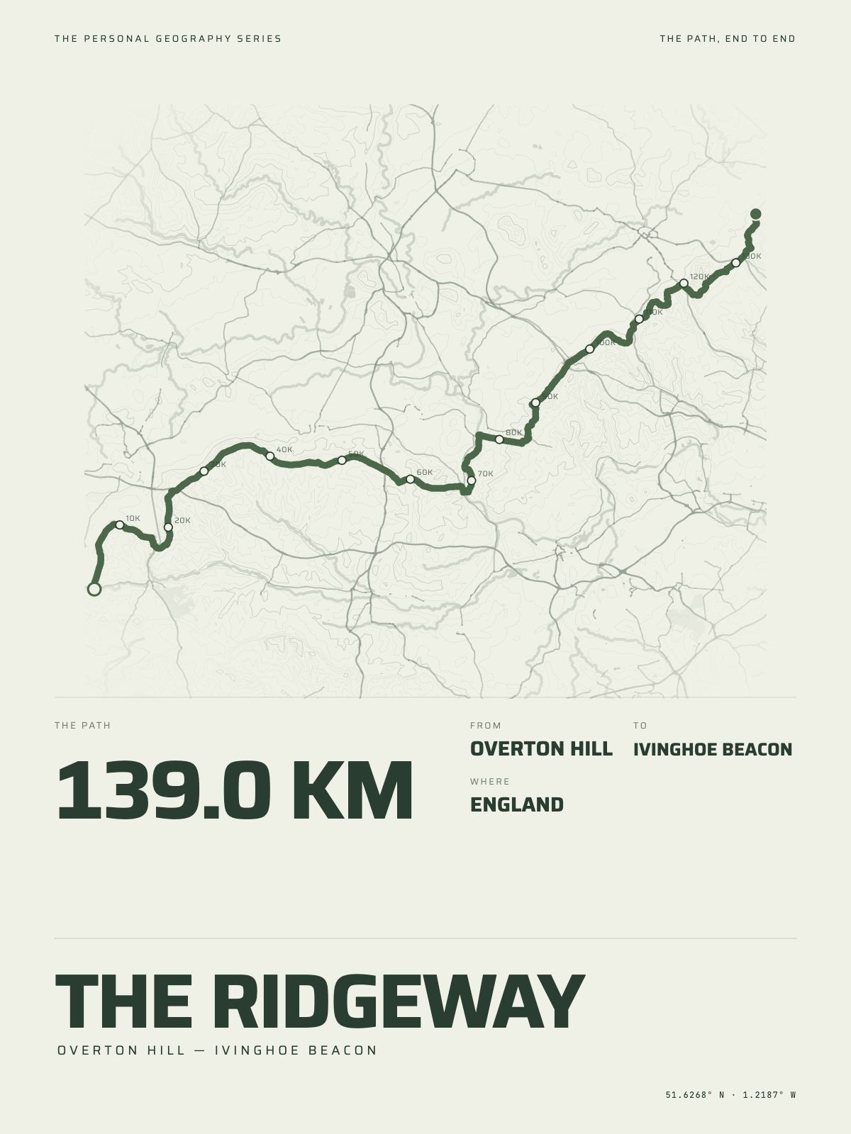 The The Ridgeway printed end to end across England, overton hill to ivinghoe beacon, on the map it crosses