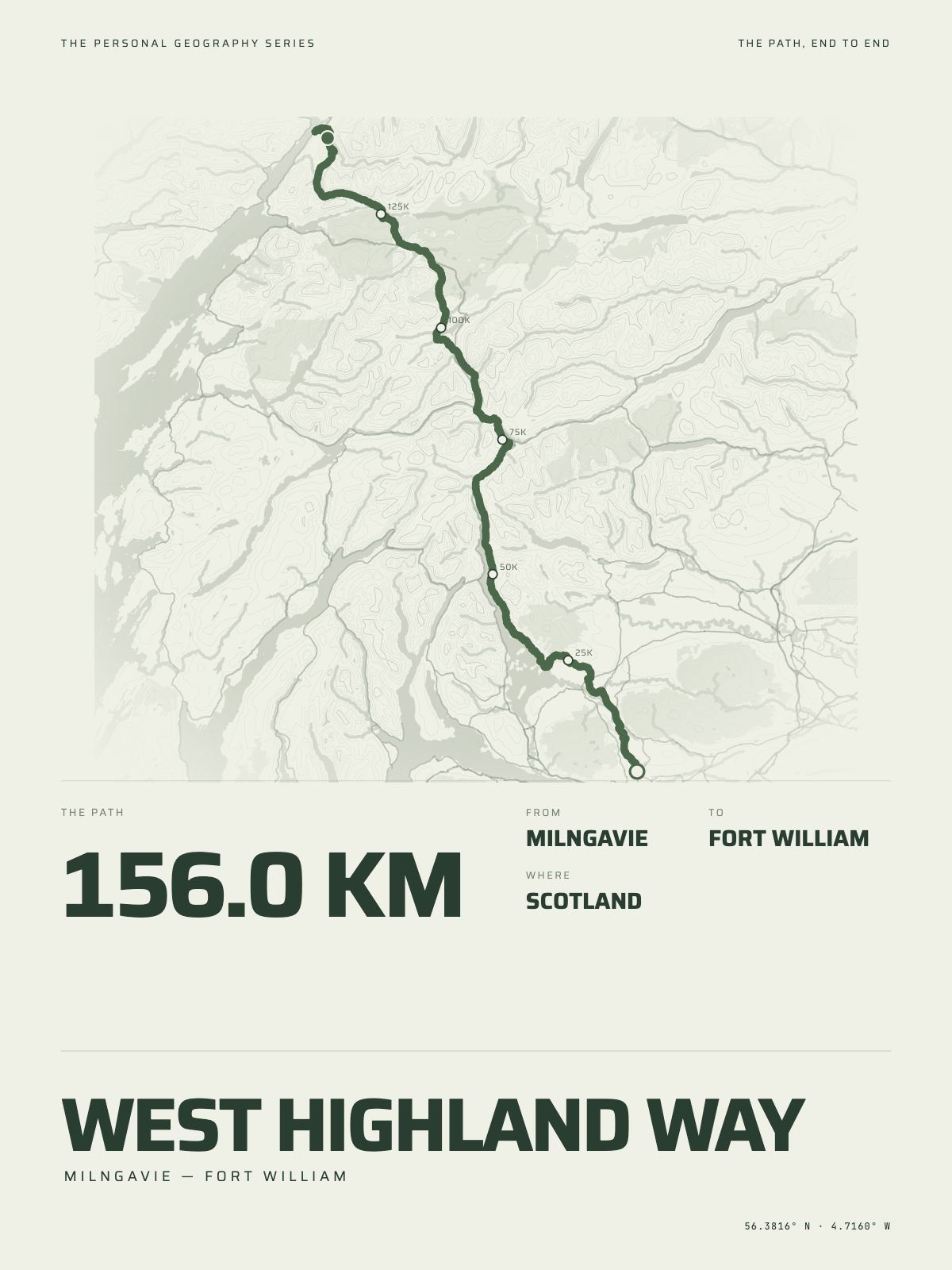 The West Highland Way printed end to end across Scotland, milngavie to fort william, on the map it crosses