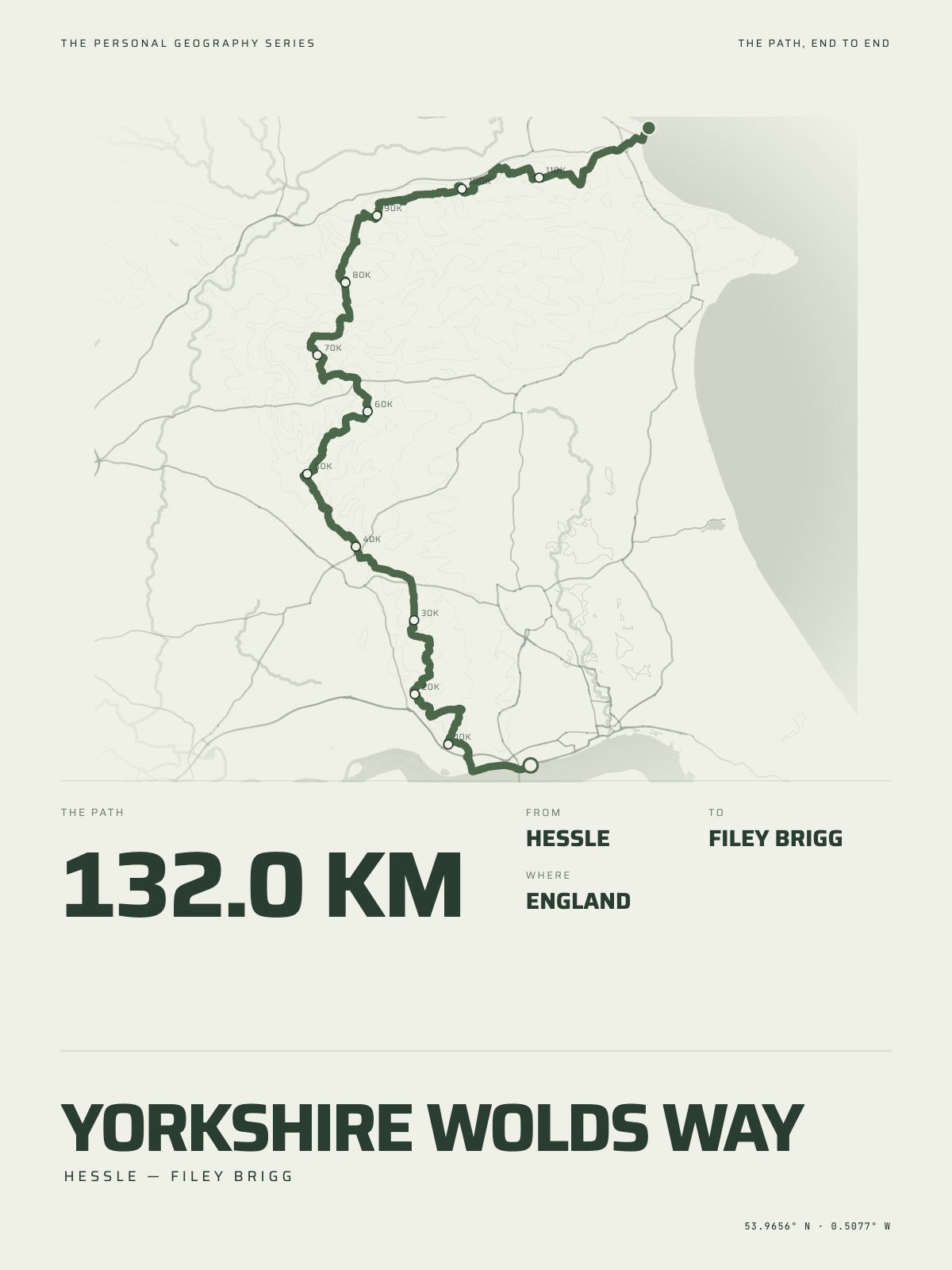 The Yorkshire Wolds Way printed end to end across England, hessle to filey brigg, on the map it crosses