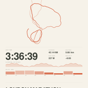 The Marathon Print: a race route coloured by pace, with chip time, splits and elevation
